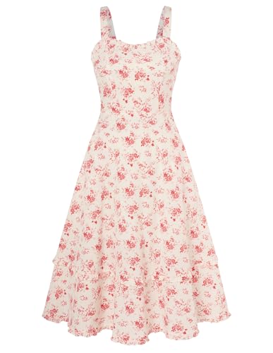 Damen Langes Blumenkleid Vintage 50s mit Rüschen Ärmellos A Line Kleid Rote Blumen L