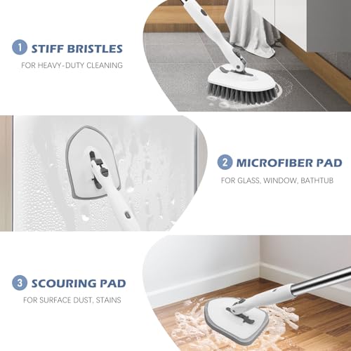 Image of SetSail Floor Scrub Brush, 3-in-1 Tile Tub Floor Scrubber with 52-inch Adjustable Long Handle Shower Cleaner Brush and 3 Detachable Replacement Brush Heads for Cleaning Bathroom Tub Tile, White Grey