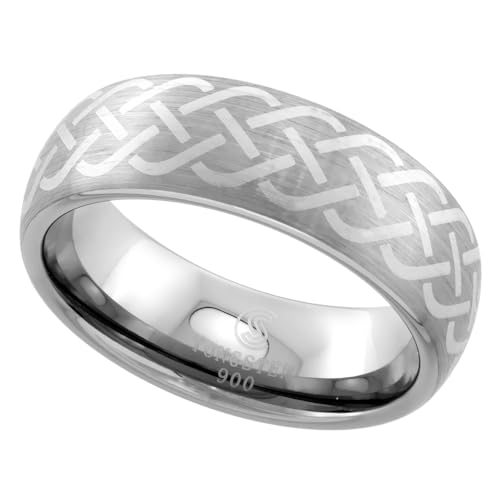 Sabrina Silver Tungsten Carbide 7 mm Domed Wedding Band Ring Brushed Finish Etched Celtic Knot Center size 9