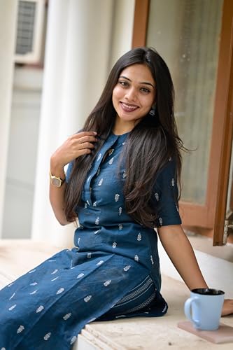 Image of ANNI Designer Women's Viscose Printed Straight Kurta Set with Pant | Blue Ethnic Wear | Mandarin | Elbow Length Sleeve Indian Traditional Outfit for Women