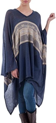 NOVICA Artisan Handmade Cotton Blend Poncho Woven Navy Blue Patterned from Peru Acrylic Clothing Bohemian ' Blue Inca'