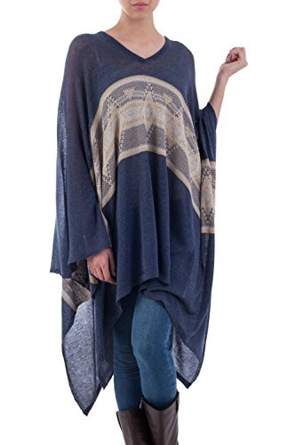 NOVICA Artisan Handmade Cotton Blend Poncho Woven Navy Blue Patterned from Peru Acrylic Clothing Bohemian ' Blue Inca'