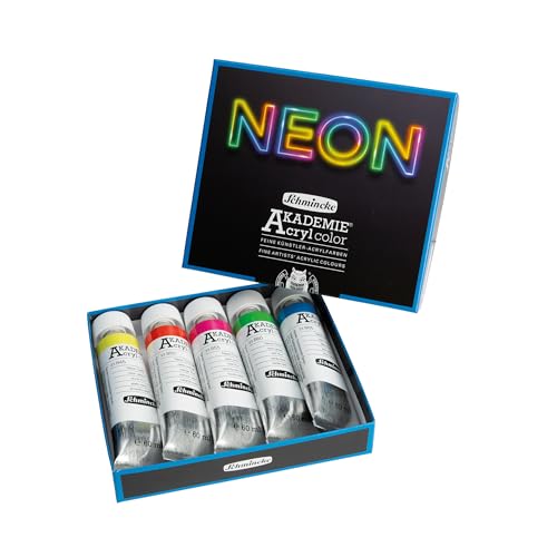 Schmincke – AKADEMIE® Acryl color, Neonfarben-Set, 76 778 097, 5 leuchtende Acrylfarben in Neonfarben, 60 ml Tuben im Kartonset