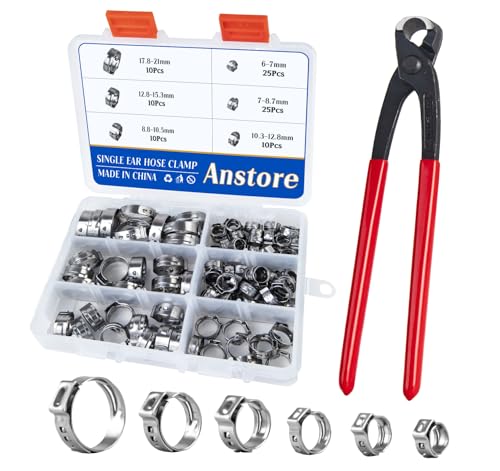 Anstore 90pcs Stainless Steel Single Ear Hose Clamp Kit with Pliers, 6-21mm Assorted Worm Drive Clamps & Tool for Plumbing, Automotive, DIY