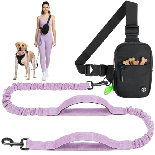 SimplePaws Hands Free Crossbody Dog Leash Bag with Built-in Poop Bag Dispenser & Storage, Dual Bungee Shock-Absorbing Leash with Dual Handles for Small, Medium, Large Dogs Walking Training (Lavender)