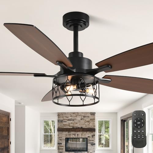 Image of Farmhouse Ceiling Fan with Lights (Black Caged, 52 Inch) | Caged Fandelier Ceiling Fan Large Chandelier, Reversible Quiet DC Motor 6 Speeds for Living Room Bedroom
