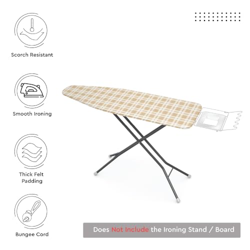 Image of Encasa XO Ironing Board Covers and Pad - 125x46 cm Fits Wide Iron Boards, Thick 4mm Felt, Elasticated Fit, Heat & Scorch-Resistant, Elastic Bungee Cord Tightening & Lock Franca Beige Checks