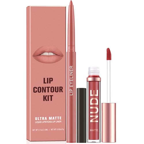 Nude Lip Liner and Lipstick Set, Pink Lip Stain Lip Gloss, Long Lasting Matte Lip Crayon, Natural Waterproof Velvety Lip Pencil Lip Liners Set Makeup Gift for Women