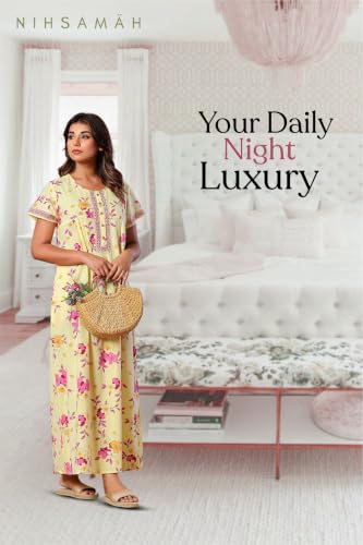 Image of NIHSAMAH Cotton Nighty for Women with Pocket, Premium Printed Long Nighty | Comfortable & Fancy Sleepwear /Nightwear