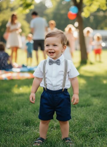 Image of Volunboy Baby Boy Formal Short Set Toddler Summer Gentleman Outfit Kid Short Sleeve Bowtie Shirt Suspender Shorts Suit