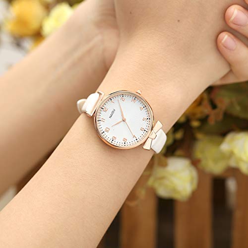 Top Plaza Womens Ladies Classic Simple Leather Analog Quartz Wrist Watch Rose Gold Case Arabic Numerals Casual Dress Watches(White) - Thumbnail 2