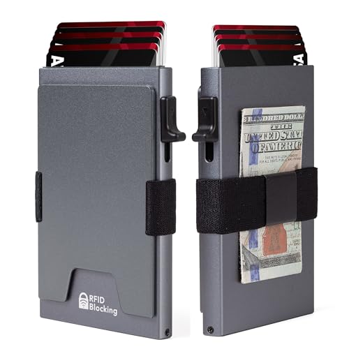 Image of Minimalist Mens Card Holder Wallet, RFID Blocking Slim Smart Pop Up Aluminum Wallet,Holds 12+ Cards,Expandable Compact Plate,Cash Strap /Money Clip (Grey)