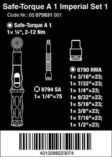 Wera 05075831001 Safe-Torque A 1 Imperial Set 1, Torque Wrench Set, 1/4" Square Head Drive, 2-12 Nm, 10 Pieces - Image 2