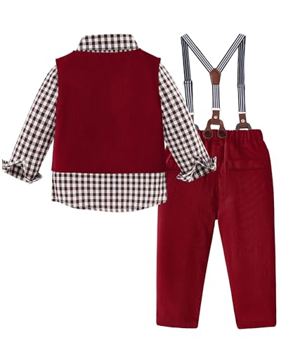 Image of ZOEREA Toddler Boy Suit Formal Wedding Outfits Gentleman Clothes Long Sleeve Shirt + Suspender Pants + Bowtie