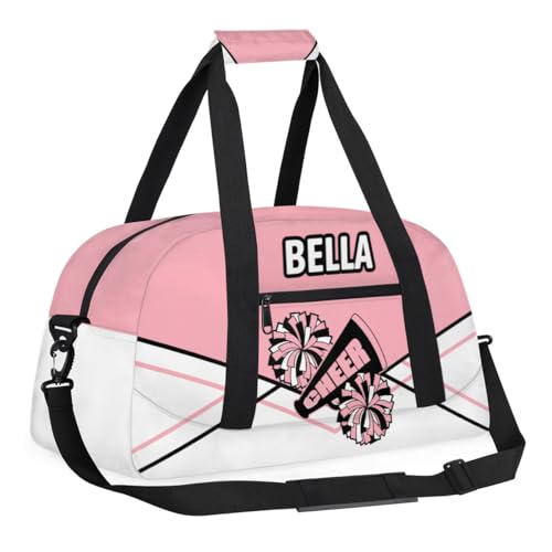 Custom Name Cheerleader Gym Bag for Kids Girls,Personalized Dance Sport Duffel Gymnastics Bag Travel Weekender Outdoor Tote Carry-On Bag,Light Pink and White3
