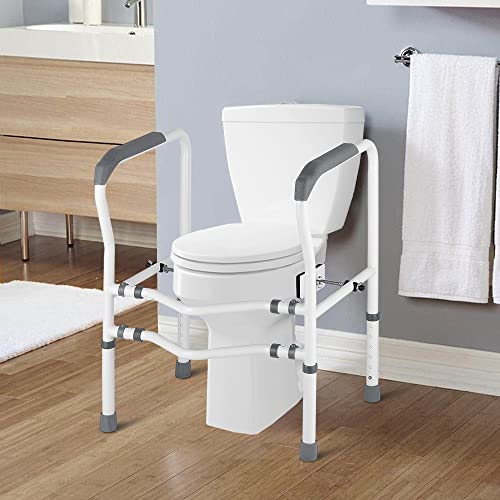 Hepo Improved Toilet Rails For Elderly Stand Alone, Toilet Safety Frame For Seniors Disabled Handicap Heavy Duty 350 Lbs, Handrail Assist Grab Bar, Height & Width Adjustable, Grey Handles #TOP1