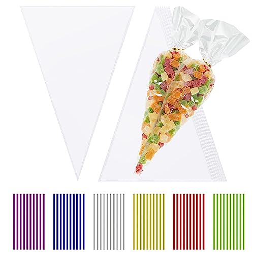 100 Pcs Clear Cone Bags Sweets Cellophane Treat Bag for Baking, Candy, Cookie, Displaying, Wrapping
