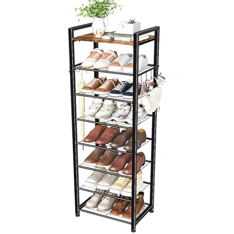 Simple Trending 8 Tiers Shoe Rack 16 Pairs Tall Wooden Plank Shoe Shelf with Hooks for Closet Entryway Organizer Sturdy Free Standing Shoe Storage Cabinet，Black Cover