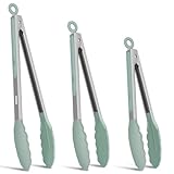 Kitchen Tongs, Set of 3 Stainless Steel Tongs with Silicone Tips Locking Cooking Tongs 600ºF Heat Resistant Tong for Cooking BBQ Grilling Air Fryer Serving Food Salads, 7"+9"+12" Light Green