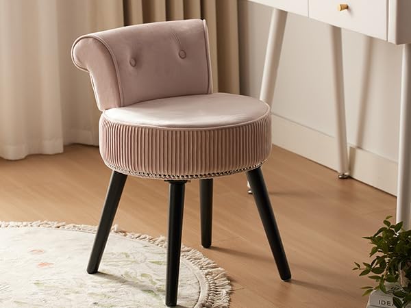 Miniatura 4 de Silla de tocador de terciopelo rosa con respaldo, taburete pequeño de maquillaje, silla de acento capitoné sin ruedas, taburete de tocador con