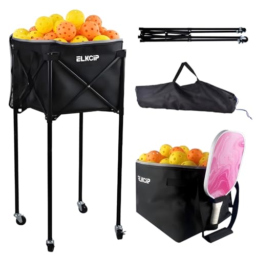 ELKCIP Portable Pickleball & Tennis Ball Hopper with Wheels Foldable Sports Balls Teaching Cart Lightweight Softball Caddy Large Capacity Baseball Basket Carrier for Training Large