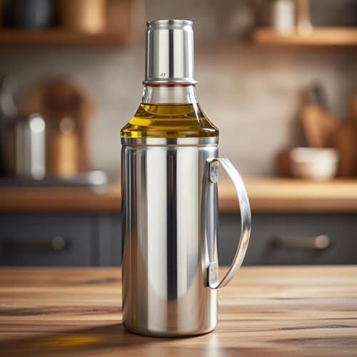 Image of RAIN CITY 1-Litres Easy Flow Stainless Steel Oil Dispenser Bottle with Lid and Cap | Air-Tight Spill-Proof | Food Grade Oil Pourer, Silver, 1000ml