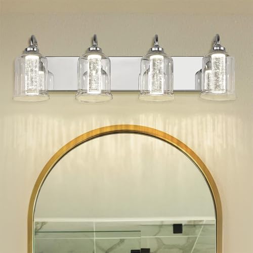 Image of zeyu 4-Light Dimmable Vanity Lighting Fixture, 20W LED Bathroom Vanity Light, Adjustable 3CCT 3000K /4000K /5000K, Chrome Finish with Crystal Bubble and Clear Glass, ZSL72B-4W LED CH-1