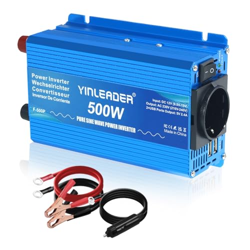 Yinleader 500W Inversor de Corriente Onda Sinusoidal Pura, Transformador de 12V a 230V, 2 Puertos USB para Coche, Caravana, Barco y Camping de Viaje