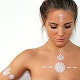 White Temporary Tattoos - TribeTats Mykonos Collection - Designer Henna Inspired Temporary Tattoos | White With Silver Metallic Accents - Mandalas, Elephants, Armbands & More