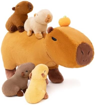 OUOZZZ 5 Stück Capybara Kuscheltier, Plüschtier mit 4 Babys im Bauch Set | Integrierter Reißverschluss zum Verstecken der Kleinen;38cm waschbarer weicher Stoff;Geschenke für Jungen