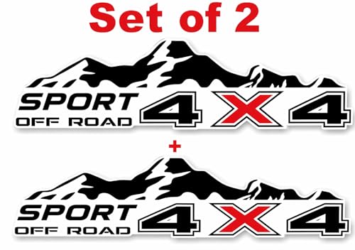Image of 4x4 Off Road Sport Truck Decal Stickers 2PCS - Premium Vinyl Side Graphics for Pickup Bed - Compatible with Tacoma, Tundra, F150, RAM, Wrangler - Black & Red - Includes Squeegee (Mountain Sport)