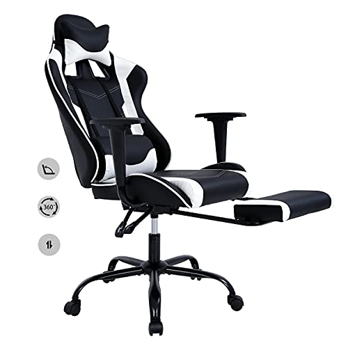 HCB Gaming Chair, Computer Office Chair, Ergonomic Desk Chair Height Adjustable Recliner Swivel High Back with Lumbar Support, Footrest, Headrest, Racing Style (White)