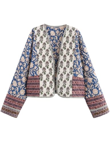 Flygo Women Cropped Puffer Jacket Cardigan Floral Printed Quilted Coats Lightweight Open Front Crop Padded Down Jackets