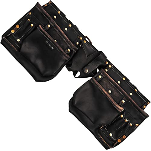 12 x Pockets TOOLZONE Premium Tool Belt | Black Oil Tanned | Genuine Leather | Double Pouch | Builders | Construction | Carpentry | Work Bag | Nails Power Tools | DIY | Workshop | UK Free P&P