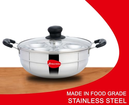 Image of Klassi Kichen Stainless Steel Multi Kadai WIth Glass Lid Induction & Standard Idli Maker (2 Plates,10 Idlis)