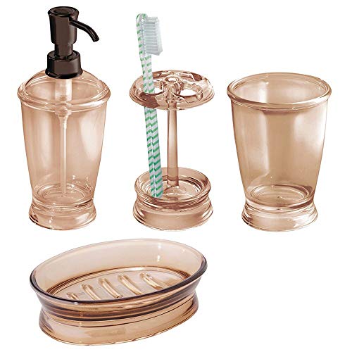 MetroDecor mDesign Bath Accessory Set, Soap Dispenser Pump, Toothbrush Holder, Tumbler, Soap Dish - 4 Pieces, Sand