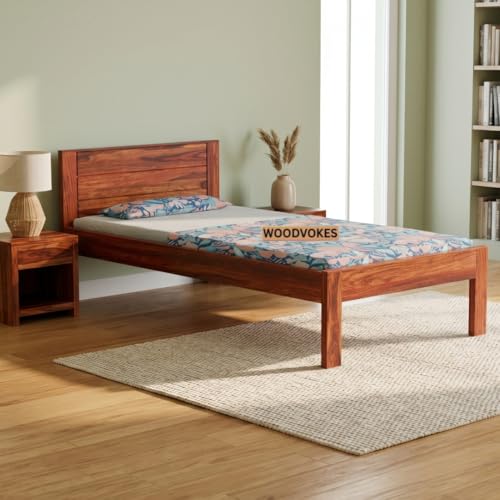 Image of Solid Sheesham Wood Single Bed with Headboard & Footboard | Sturdy Wooden Cot for Bedroom, Hostel & PG | Modern Design Single Wooden Bed Frame (Mattress Not Included) (Honey 6by3)
