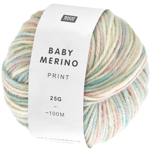 Rico Design Baby Merino Print Babywolle, 25g, 100m, Nadel 4.0, 100% Schurwolle, für Pullover Gr. 74/80 waschbar bei 30°C im Schonwaschgang Pastelle