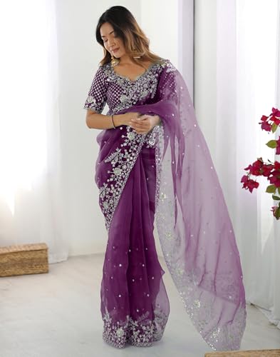 Image of SIRIL Women's Organza Sequence Embroidery Saree With Unstitched Blouse Piece