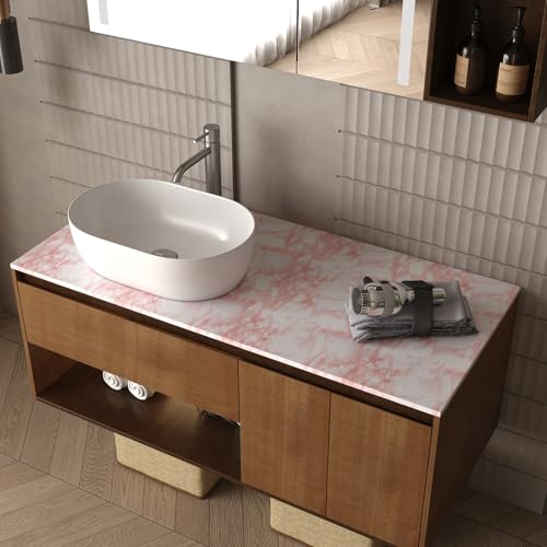 Image of Extra Wide Marble Contact Paper Granite Peel and Stick Wallpaper Pink Glossy 31.5x354 inch Countertop Contact Paper for Kitchen Bathroom Self-adhesive Waterproof Decorative Film Marble Vinyl Wrap