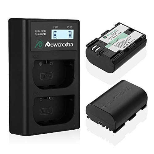 Powerextra Lot de 2 Batterie de Rechange Canon LP-E6 2600mAH et Chargeur à 2 Batteries avec Ecran LCD pour Canon EOS 80D 6D 7D 70D 60D 5D Mark III 5D Mark II BG-E14 BG-E11 BG-E9 BG-E7 LC-E6 BG-E6 Cover
