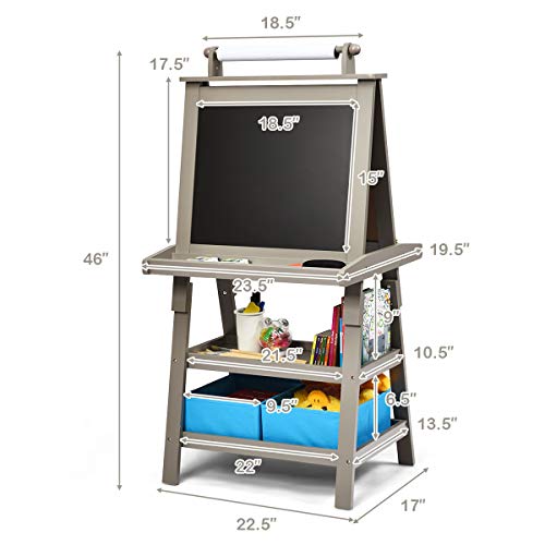 Image of GLACER All-in-One Double Sided Painting Easel for Kids with 2 Storage Bins, Paper Roll, Magnetic Whiteboard & Chalkboard, Gift for Boys & Girls (Grey)