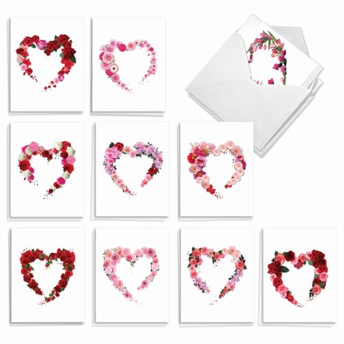 Image of The Best Card Company - 20 Cute Boxed Cards (4 x 5.12 Inch) - Assorted Blank Set (10 Designs, 2 Each) - Heart Blooms AM3180OCB-B2x10
