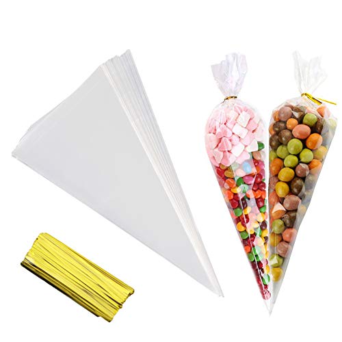 Cone Bag 100 PCS Clear Cello Treat Bags Gift Wrap Cellophane Bags 7 x15 Inch Triangle Goody Bags with Twist Ties for Favors