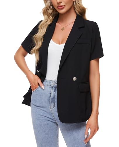 MINTLIMIT Blazers for Women Button Pockets Notch Lapel Blazer Jacket Lightweight Short Sleeve Suit Jacket for Daily/Work,Black,S3