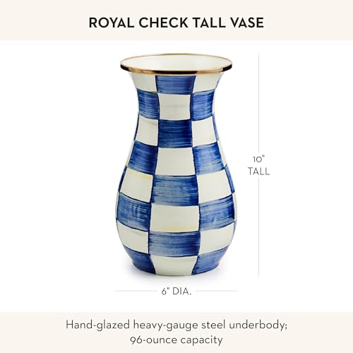 MACKENZIE-CHILDS Tall Enamel Vase, Unique Flower Vase, Decorative Table Decor for Living Room, Blue-and-White Royal Check - Image 5