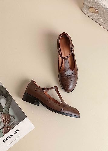 Sailimy GP-202306-BROWN-8 Women'S Brown T Strap Genuine Leather Mary Jane Saddle Oxford Flats Shoes Size 8 thumb #2