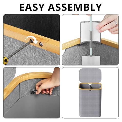 SpaceAid Double Laundry Hamper 2 Section with Lid and Removable Laundry Bags, 160L Clothes Basket with Bamboo Handles, Large Collapsible Hamper for Bedroom, Bathroom, Dorm, Laundry Room - Grey