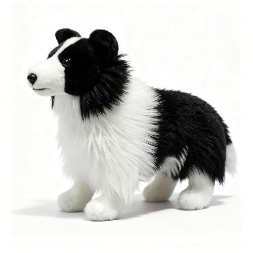 PuffPurrs Lebensechter Border Collie Plüsch, Realistisches Schwarz-Weiß Schäferhund Kuscheltier, Niedliches Hochintelligentes Geschenk, 28 CM/11 Zoll