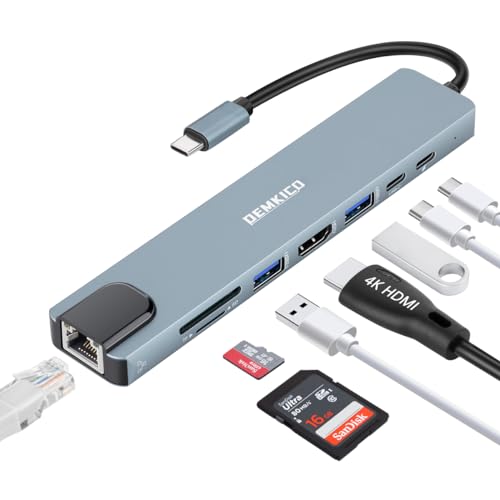 DEMKICO 8 en 1 Hub USB C Adaptador con Ethernet, 4K HDMI, Lector de Tarjetas SD/TF, 2 Puertos USB, Puerto de Datos USB C, Carga de energía 100W Compatible con MacBook Pro/Macbook Air/XPS y más